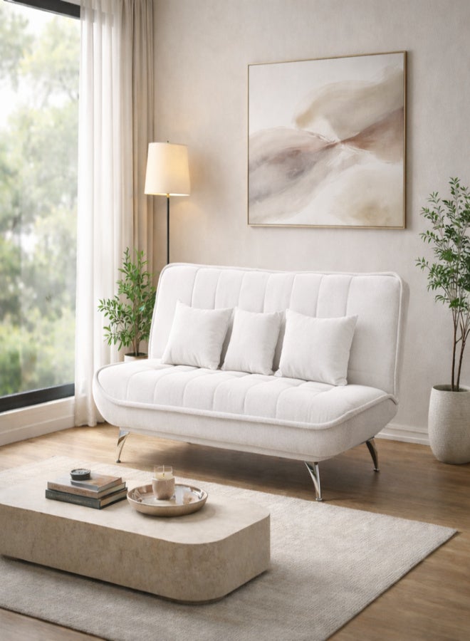 Harmony Home Premium Fabric Sofa Bed with 3 Soft Cushions – Modern Convertible Sleeper Couch with Metal Legs, Space-Saving 3-Seater Sofa for Living Room, Bedroom & Guest Room-White